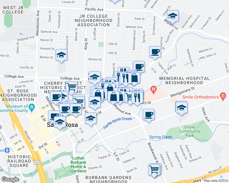 map of restaurants, bars, coffee shops, grocery stores, and more near 1023 4th Street in Santa Rosa