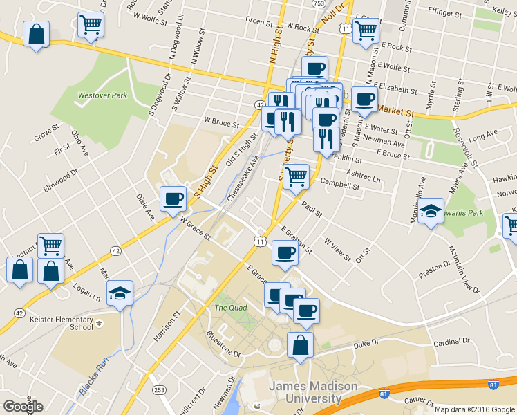 map of restaurants, bars, coffee shops, grocery stores, and more near 106 West Grattan Street in Harrisonburg