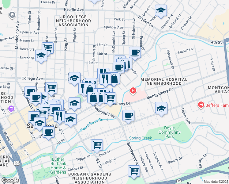 map of restaurants, bars, coffee shops, grocery stores, and more near 1050 3rd Street in Santa Rosa