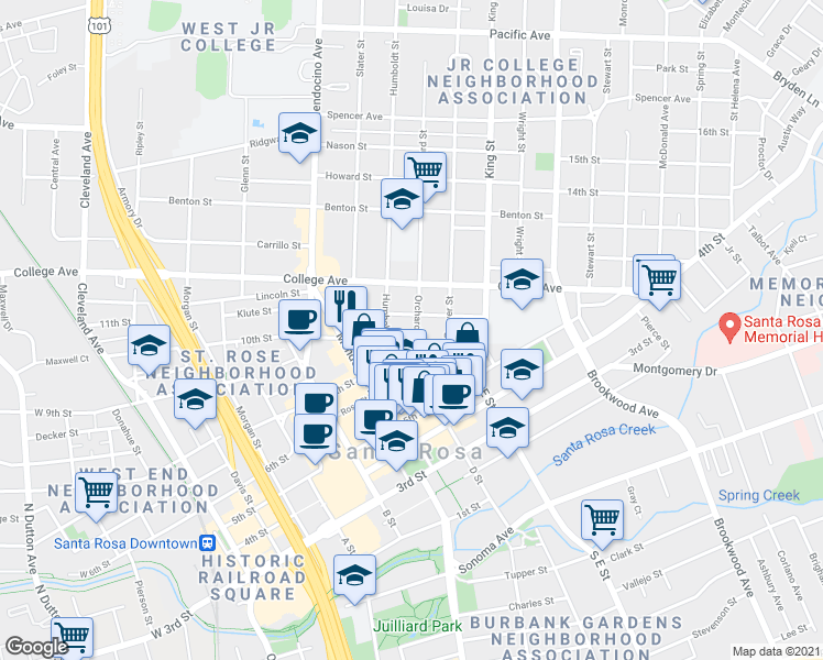 map of restaurants, bars, coffee shops, grocery stores, and more near 713 7th Street in Santa Rosa