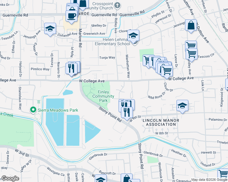 map of restaurants, bars, coffee shops, grocery stores, and more near 1142 Adrienne Way in Santa Rosa