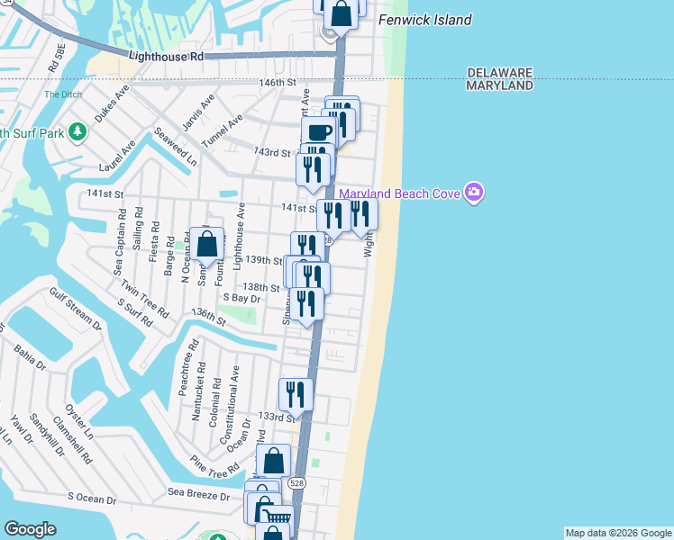 map of restaurants, bars, coffee shops, grocery stores, and more near 13600 Coastal Highway in Ocean City