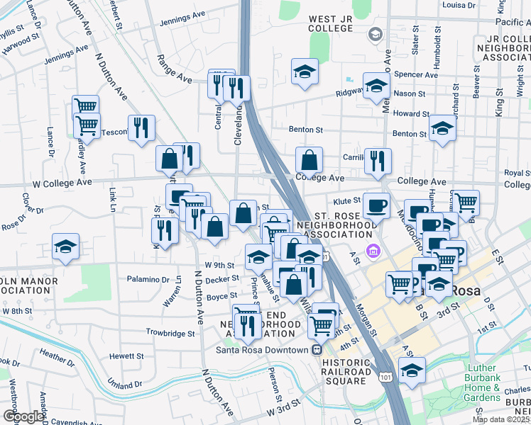 map of restaurants, bars, coffee shops, grocery stores, and more near 923 Ripley Street in Santa Rosa