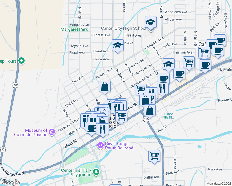map of restaurants, bars, coffee shops, grocery stores, and more near 716 Greenwood Avenue in Cañon City