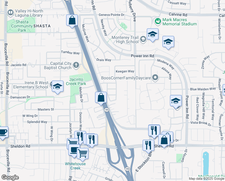 map of restaurants, bars, coffee shops, grocery stores, and more near 8222 Lyton Way in Elk Grove