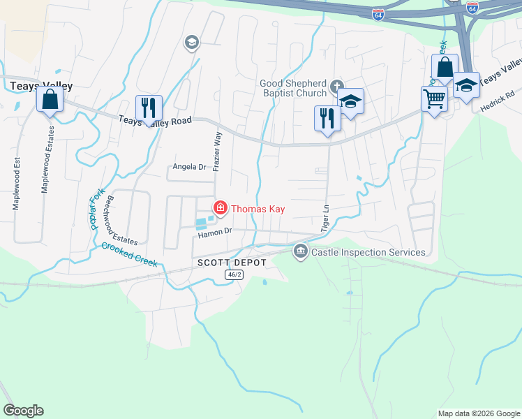 map of restaurants, bars, coffee shops, grocery stores, and more near 228 Hamon Drive in Teays Valley