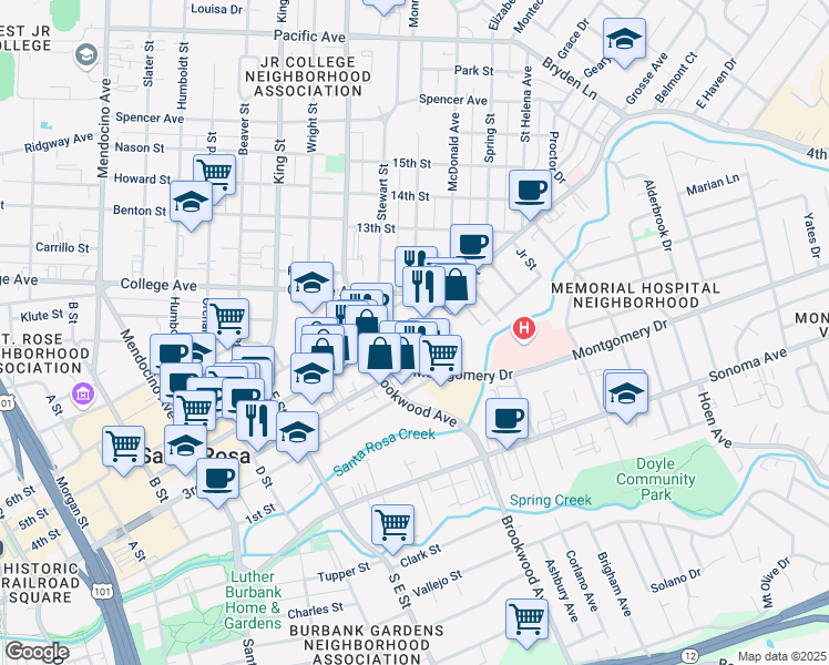 map of restaurants, bars, coffee shops, grocery stores, and more near 1029 3rd Street in Santa Rosa