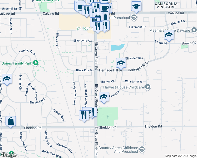 map of restaurants, bars, coffee shops, grocery stores, and more near 8640 Banton Circle in Elk Grove