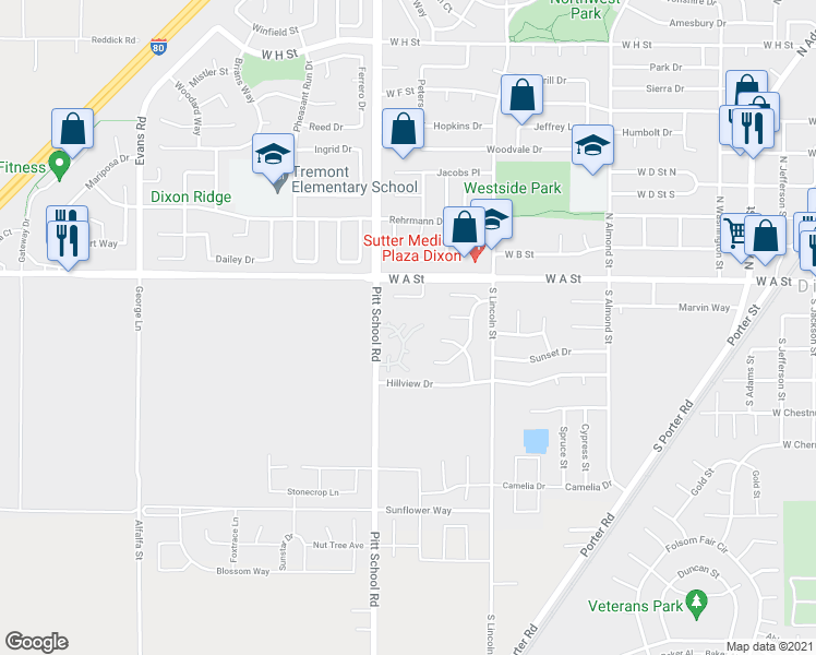 map of restaurants, bars, coffee shops, grocery stores, and more near 1315 Pinewood Court in Dixon