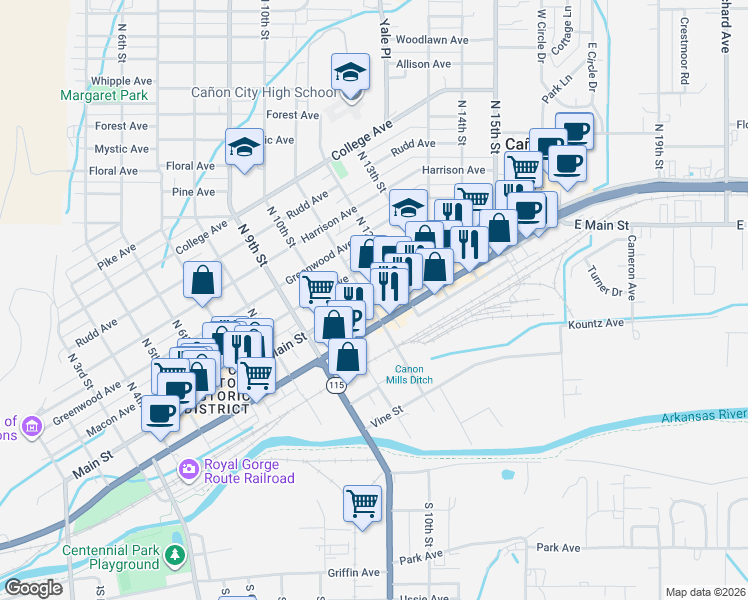 map of restaurants, bars, coffee shops, grocery stores, and more near 1031 Royal Gorge Boulevard in Cañon City
