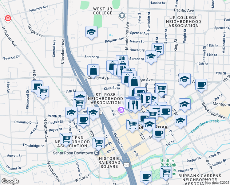 map of restaurants, bars, coffee shops, grocery stores, and more near 351 10th Street in Santa Rosa
