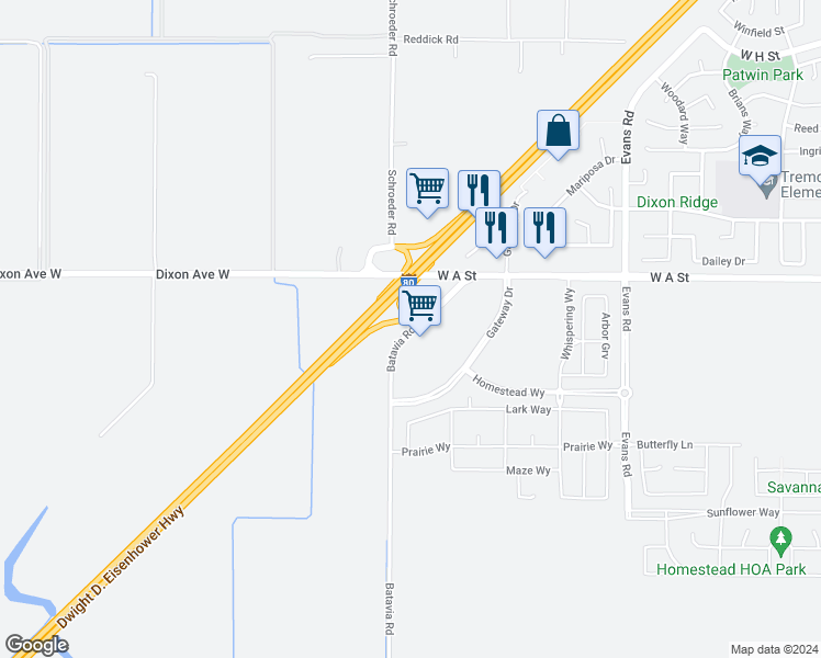 map of restaurants, bars, coffee shops, grocery stores, and more near 7485 Batavia Road in Dixon