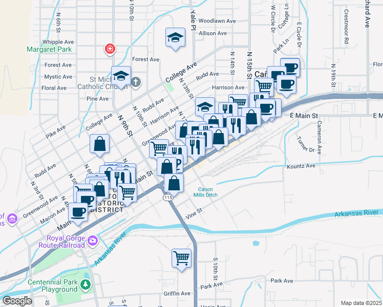 map of restaurants, bars, coffee shops, grocery stores, and more near 1031 Royal Gorge Boulevard in Cañon City