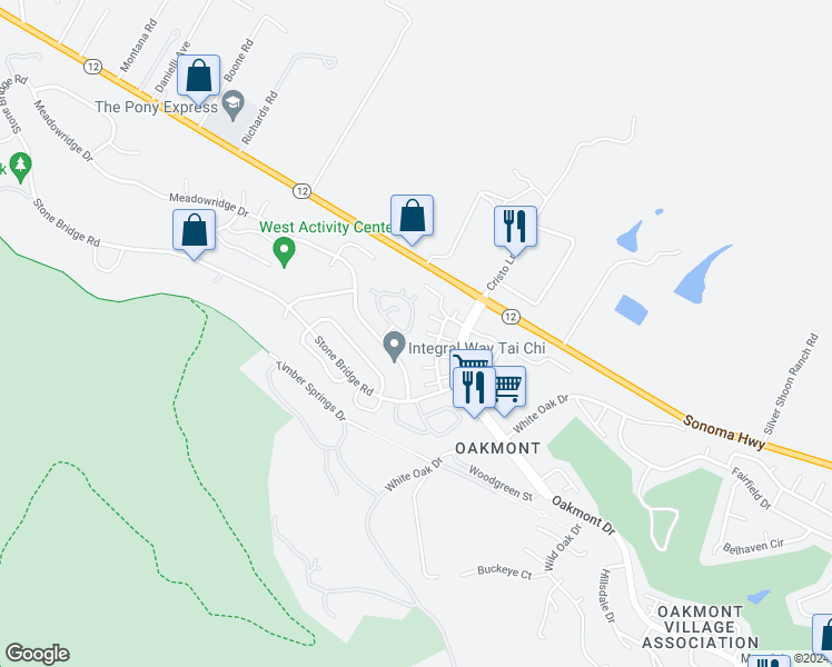 map of restaurants, bars, coffee shops, grocery stores, and more near 6551 Pine Valley Drive in Santa Rosa