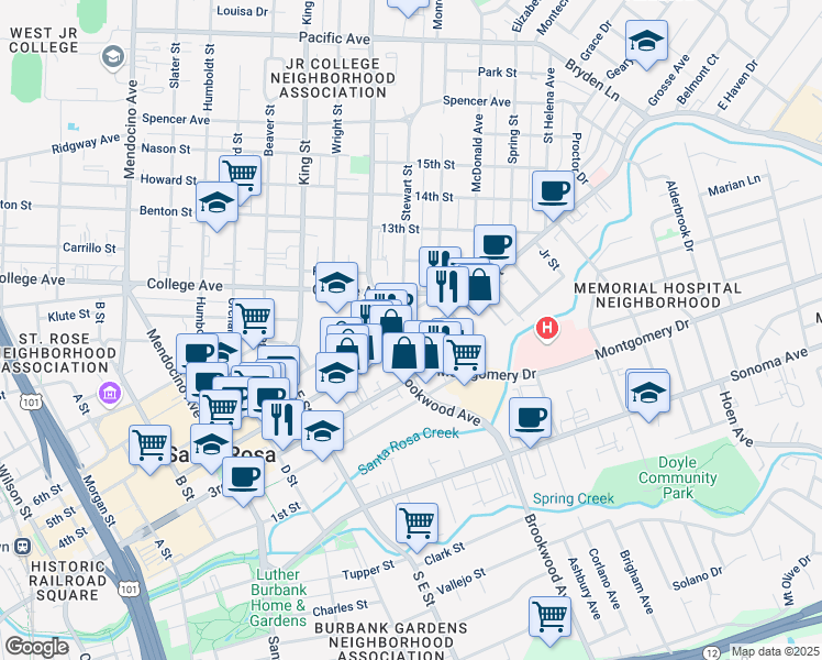 map of restaurants, bars, coffee shops, grocery stores, and more near 1029 3rd Street in Santa Rosa