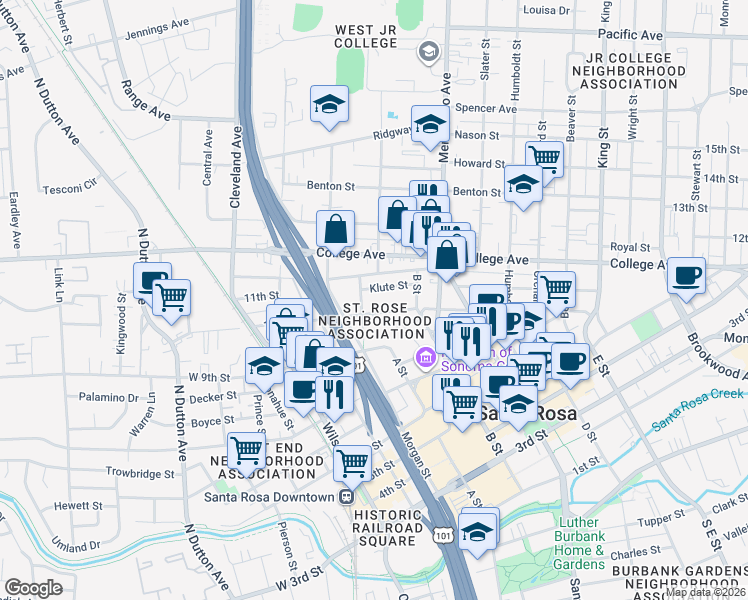 map of restaurants, bars, coffee shops, grocery stores, and more near in Santa Rosa