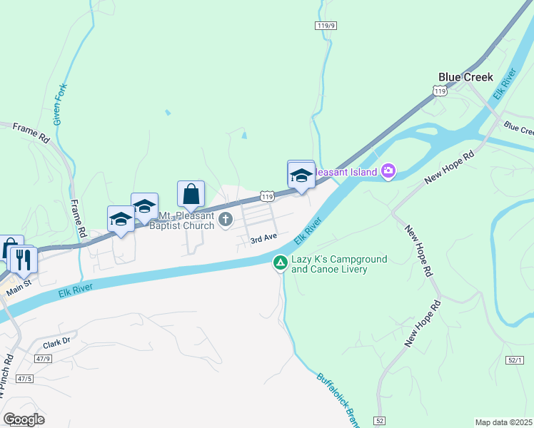 map of restaurants, bars, coffee shops, grocery stores, and more near 610 Walker Street in Elkview