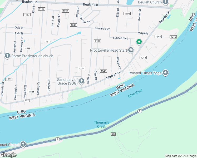 map of restaurants, bars, coffee shops, grocery stores, and more near 9076 Market Street in Proctorville