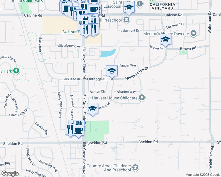 map of restaurants, bars, coffee shops, grocery stores, and more near 9015 Four Seasons Drive in Elk Grove