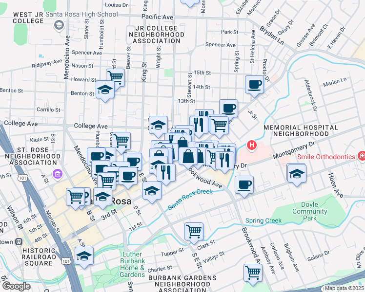 map of restaurants, bars, coffee shops, grocery stores, and more near in Santa Rosa