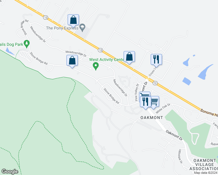 map of restaurants, bars, coffee shops, grocery stores, and more near 6530 Stonecroft Terrace in Santa Rosa