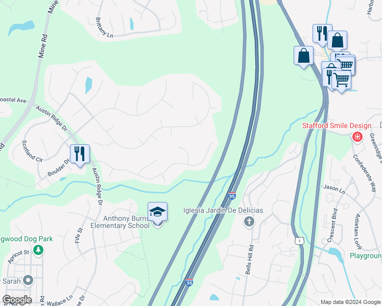 map of restaurants, bars, coffee shops, grocery stores, and more near 6 Goal Court in Stafford