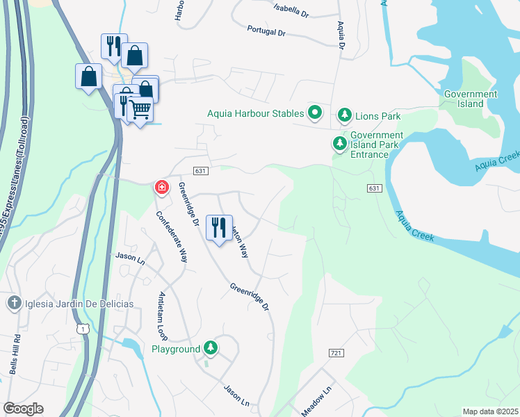 map of restaurants, bars, coffee shops, grocery stores, and more near 11 Edgecliff Lane in Stafford