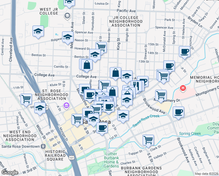 map of restaurants, bars, coffee shops, grocery stores, and more near 610 Beaver Street in Santa Rosa