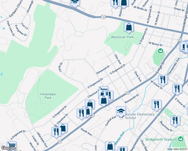 map of restaurants, bars, coffee shops, grocery stores, and more near 591 Sunrise Ave in Harrisonburg