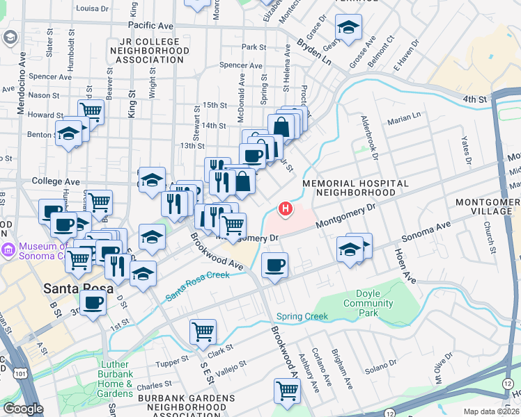 map of restaurants, bars, coffee shops, grocery stores, and more near 1140 4th Street in Santa Rosa