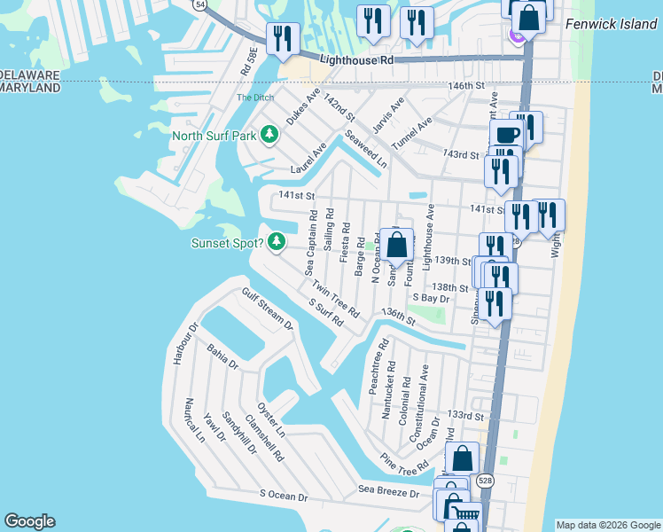 map of restaurants, bars, coffee shops, grocery stores, and more near 600 139th Street in Ocean City