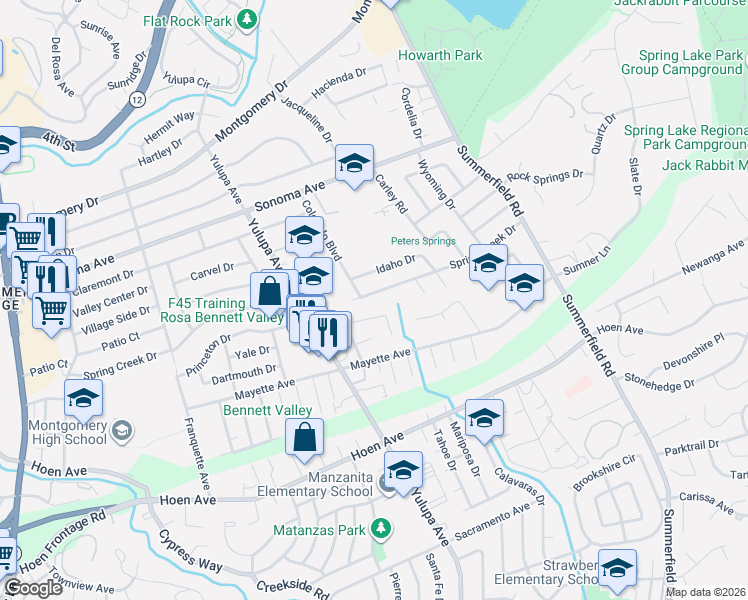 map of restaurants, bars, coffee shops, grocery stores, and more near 3455 Spring Creek Drive in Santa Rosa