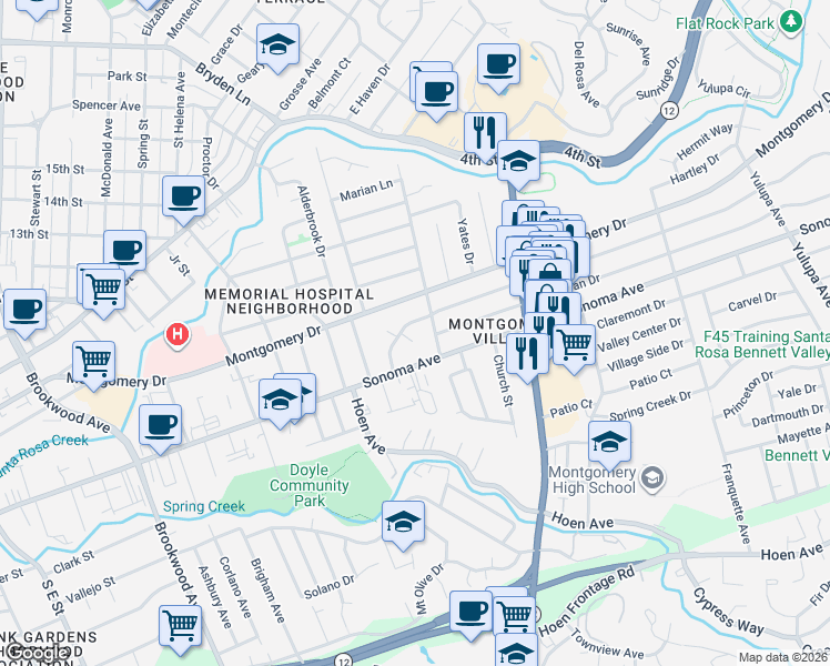map of restaurants, bars, coffee shops, grocery stores, and more near 1918 Montgomery Drive in Santa Rosa