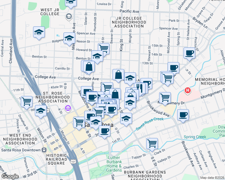 map of restaurants, bars, coffee shops, grocery stores, and more near 610 Beaver Street in Santa Rosa