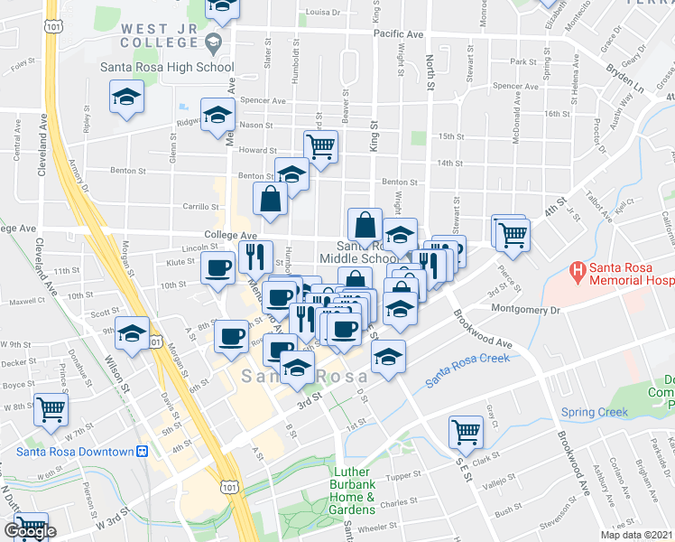 map of restaurants, bars, coffee shops, grocery stores, and more near 610 Beaver Street in Santa Rosa