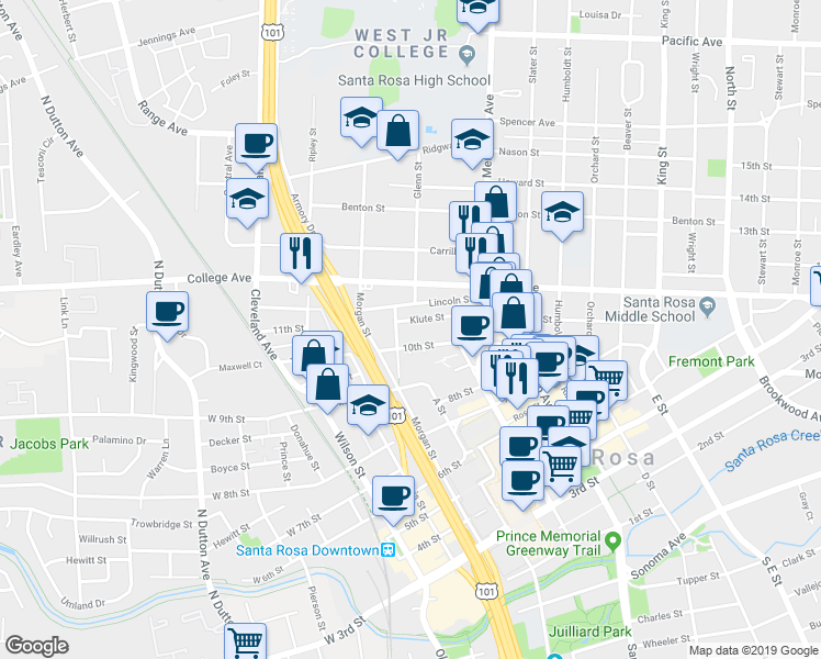map of restaurants, bars, coffee shops, grocery stores, and more near 400 Lincoln Street in Santa Rosa