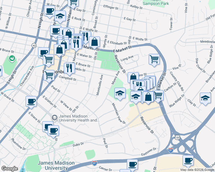 map of restaurants, bars, coffee shops, grocery stores, and more near 334 Monticello Avenue in Harrisonburg