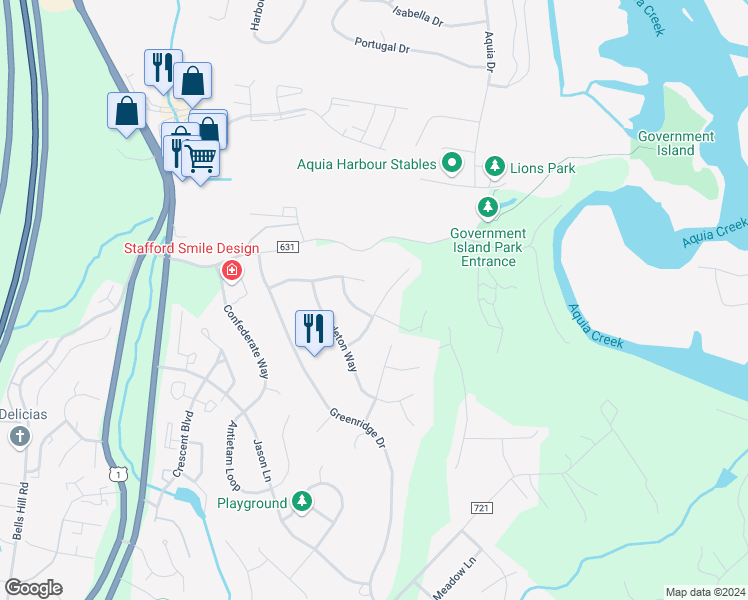 map of restaurants, bars, coffee shops, grocery stores, and more near 11 Edgecliff Lane in Stafford