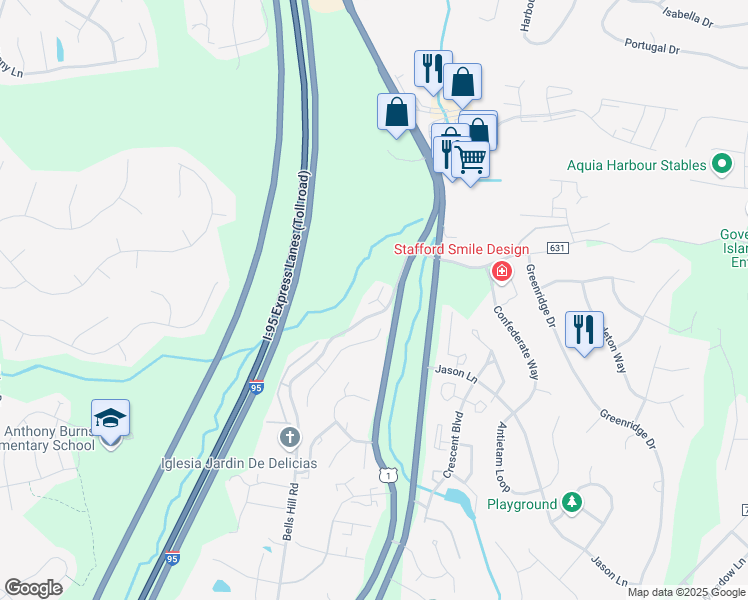 map of restaurants, bars, coffee shops, grocery stores, and more near 203 Bell Tower Court in Stafford