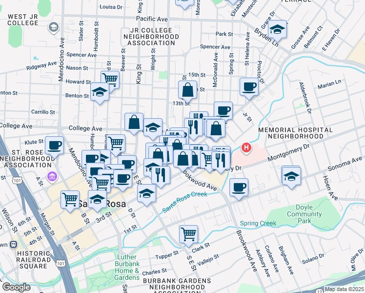 map of restaurants, bars, coffee shops, grocery stores, and more near 316 Chinn Street in Santa Rosa