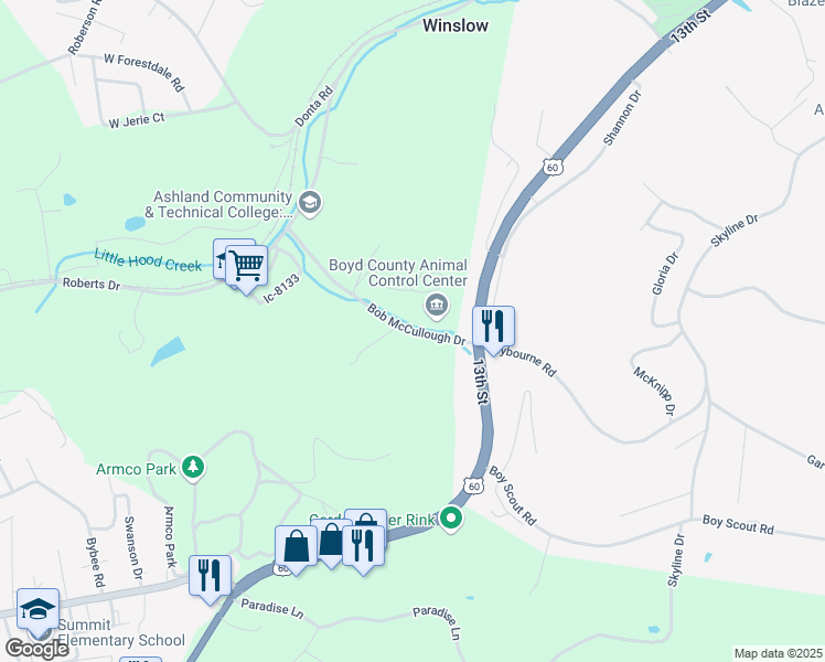 map of restaurants, bars, coffee shops, grocery stores, and more near 1104 Bob McCullough Drive in Ashland