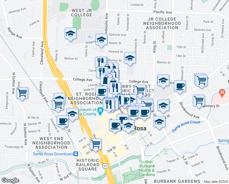 map of restaurants, bars, coffee shops, grocery stores, and more near 616 Cherry Street in Santa Rosa