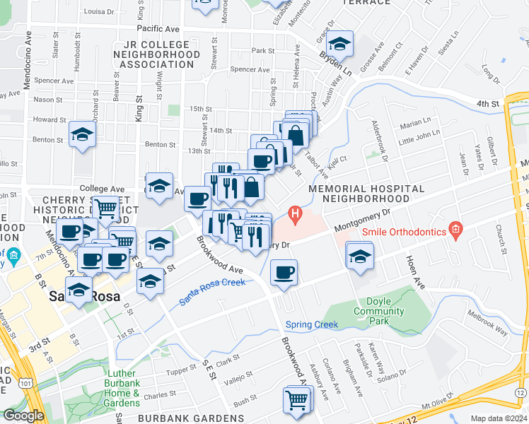 map of restaurants, bars, coffee shops, grocery stores, and more near 1144 4th Street in Santa Rosa