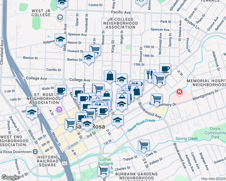 map of restaurants, bars, coffee shops, grocery stores, and more near 874 E Street in Santa Rosa