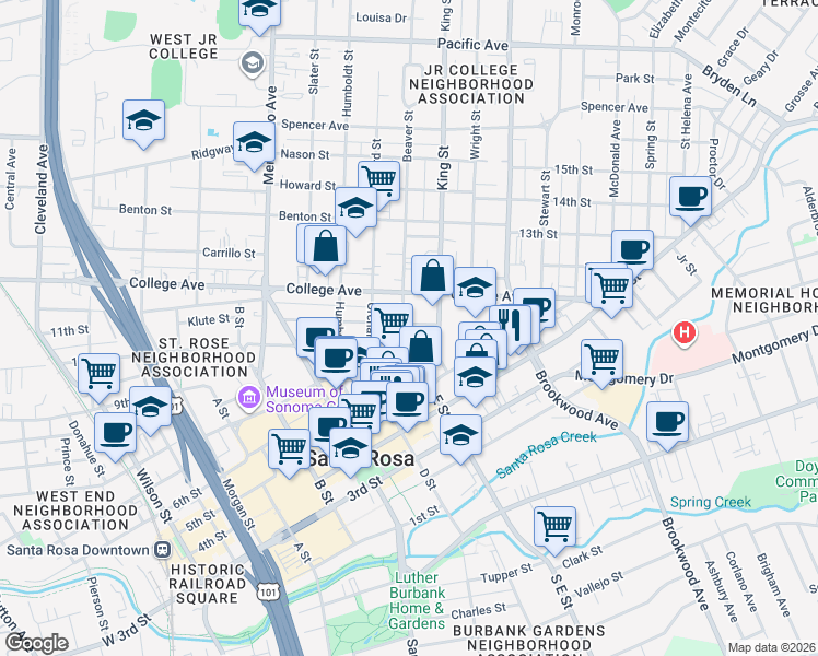 map of restaurants, bars, coffee shops, grocery stores, and more near 610 Beaver Street in Santa Rosa