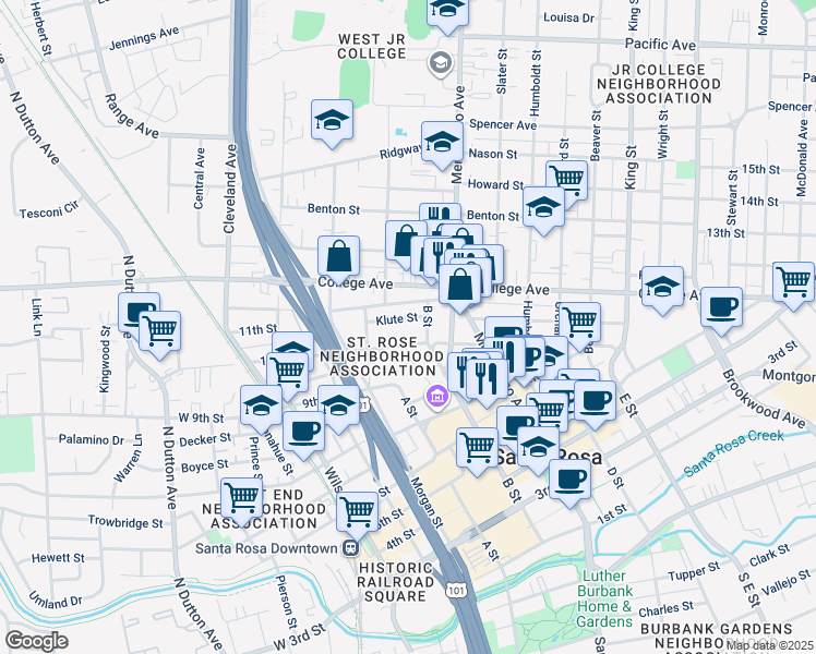 map of restaurants, bars, coffee shops, grocery stores, and more near 446 Lincoln Street in Santa Rosa