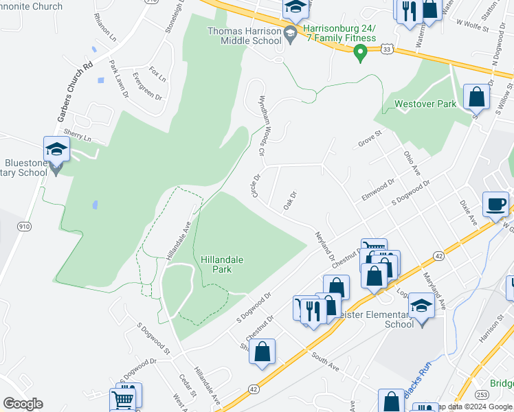 map of restaurants, bars, coffee shops, grocery stores, and more near 795 Circle Drive in Harrisonburg