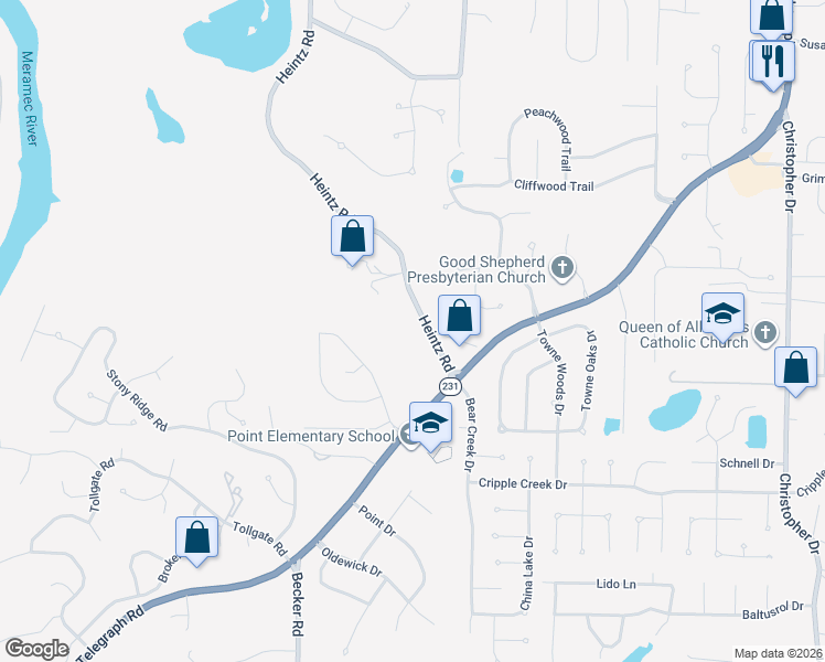 map of restaurants, bars, coffee shops, grocery stores, and more near 6534 Heintz Road in St. Louis