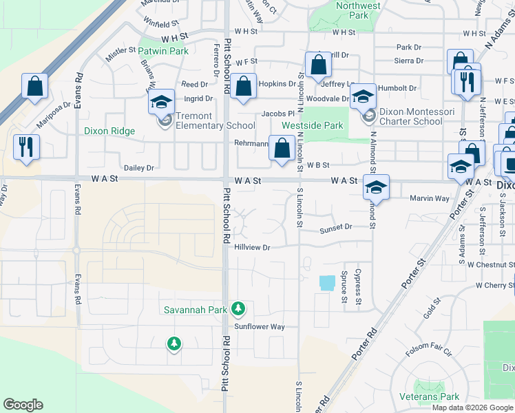 map of restaurants, bars, coffee shops, grocery stores, and more near 1325 Estates Drive in Dixon