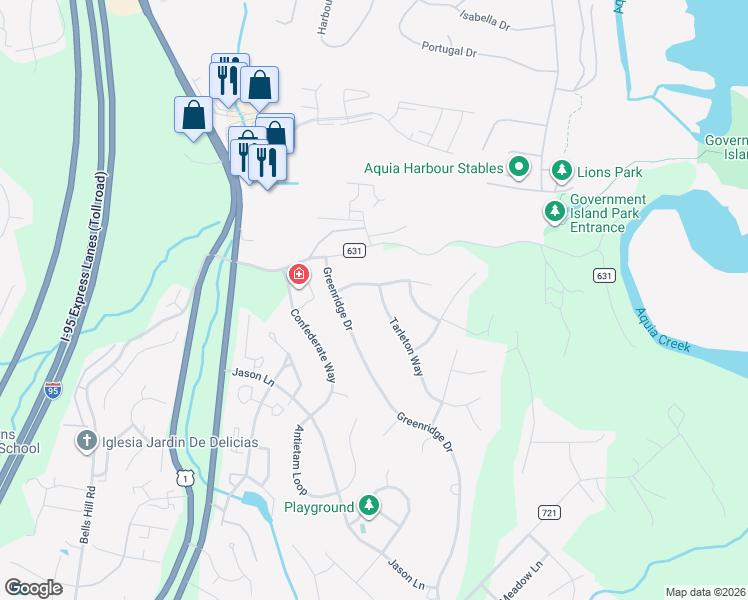 map of restaurants, bars, coffee shops, grocery stores, and more near 42 Tarleton Way in Stafford